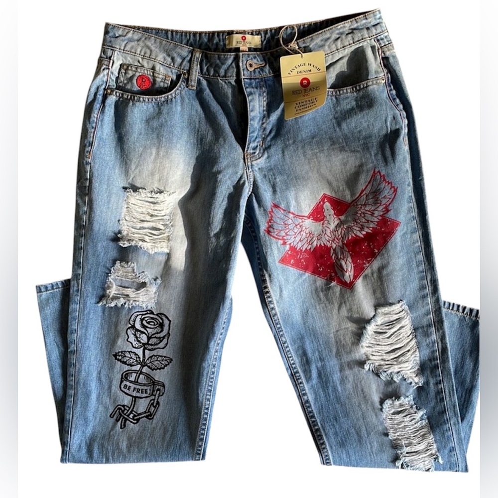 RED JEANS NYC Boyfriend Distressed Jeans NEW NWT